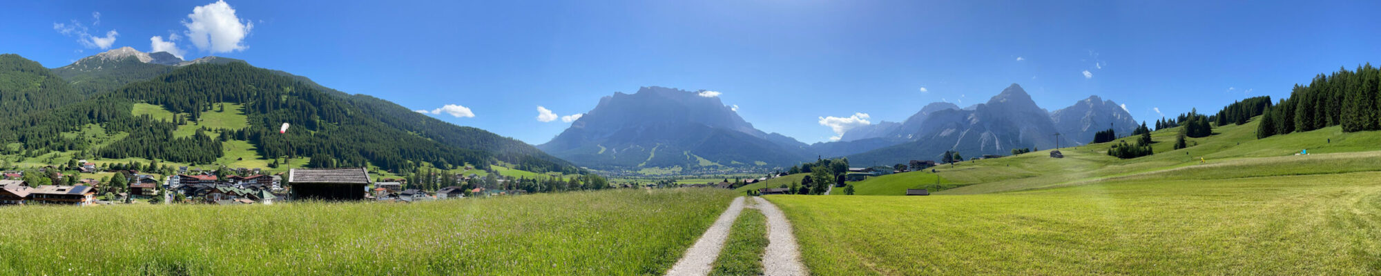 Grüne Alpenlandschaft mit einem Weg in der Mitte, der nach hinten zu den Bergen führt